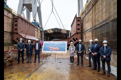 The keel laying ceremony for the new 5,000cbm LNG bunker vessel was held at Astilleros Armon Gijon shipyard in mid March. (credit: Enagas)